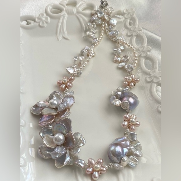 N290-Premium RARE Natural Blue Petal Pearl Blue Flameball Pearl Flower Necklace - Picture 4 of 16